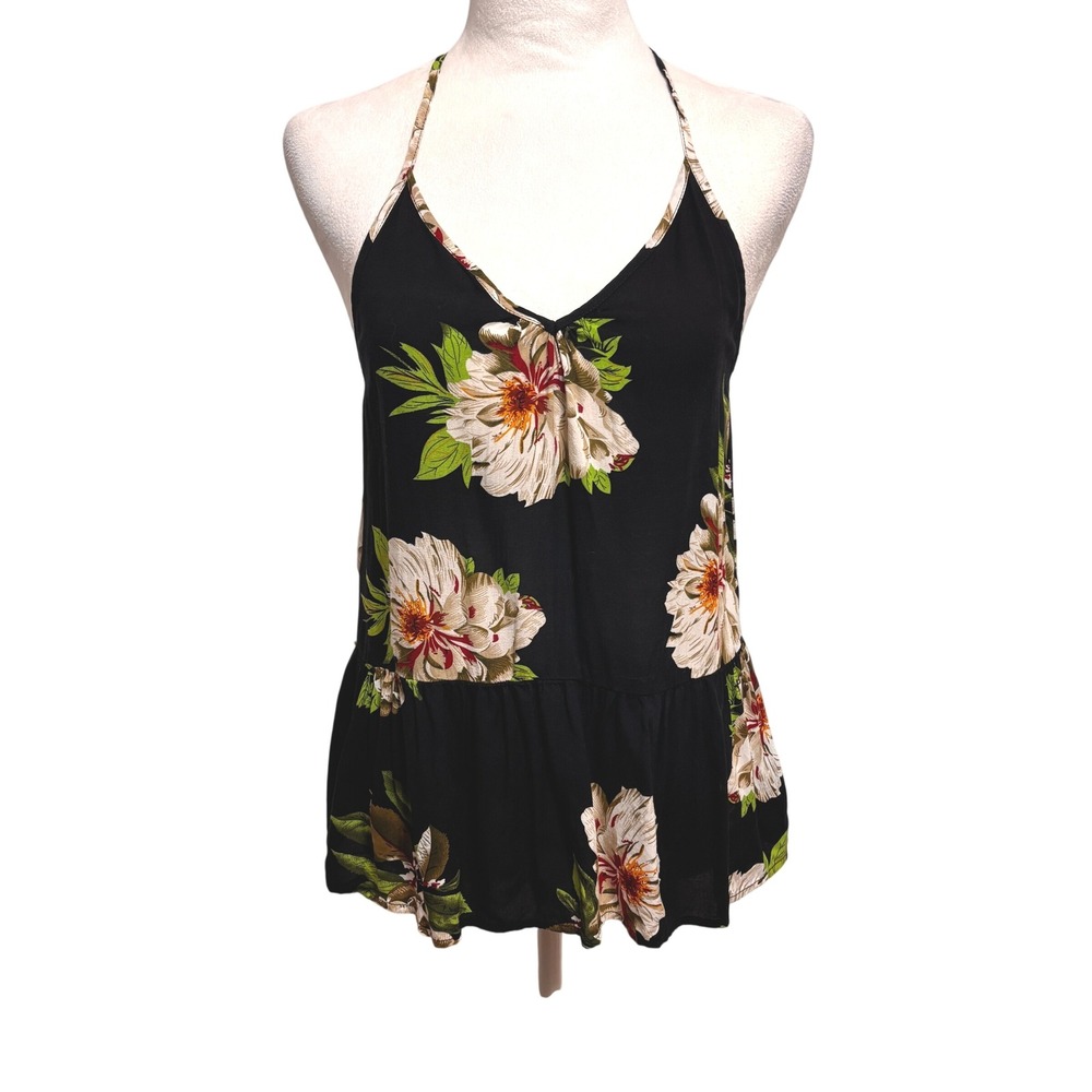 Floral Halter Top Womens S Black Peplum Boho Sleeveless Summer Festival Casual